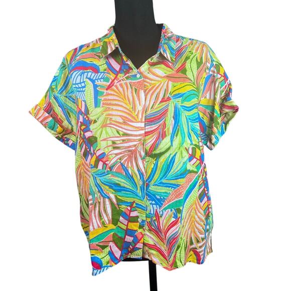 C&C California Top Womens Size L Linen Colorful Tropical Button Up Jungle Palms - Picture 1 of 8